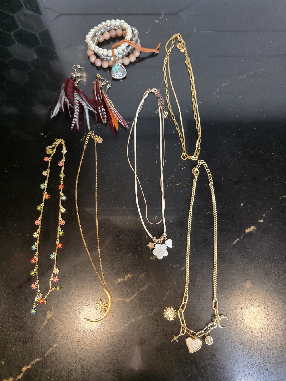 Gold Charm Necklace Set with Pink Beaded Bracelet and Feather Earrings